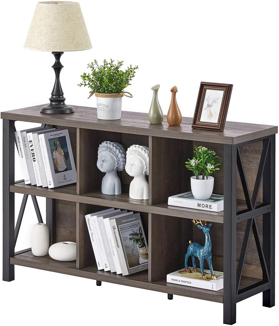 FATORRI Rustic 6 Cube Storage Organizer with Shelf, Wood and Metal Cubby Bookcase, Industrial Horizontal Bookshelf (Walnut Brown, 47 Inch)