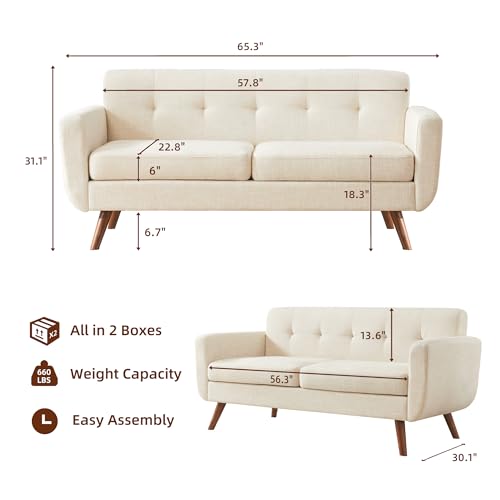 Tbfit L Shaped Couch Sofa, 80" W Mid-Century Modern Sectional Couches, 3 Seater Sofas with Wide Chaise Lounge & Two Pillows