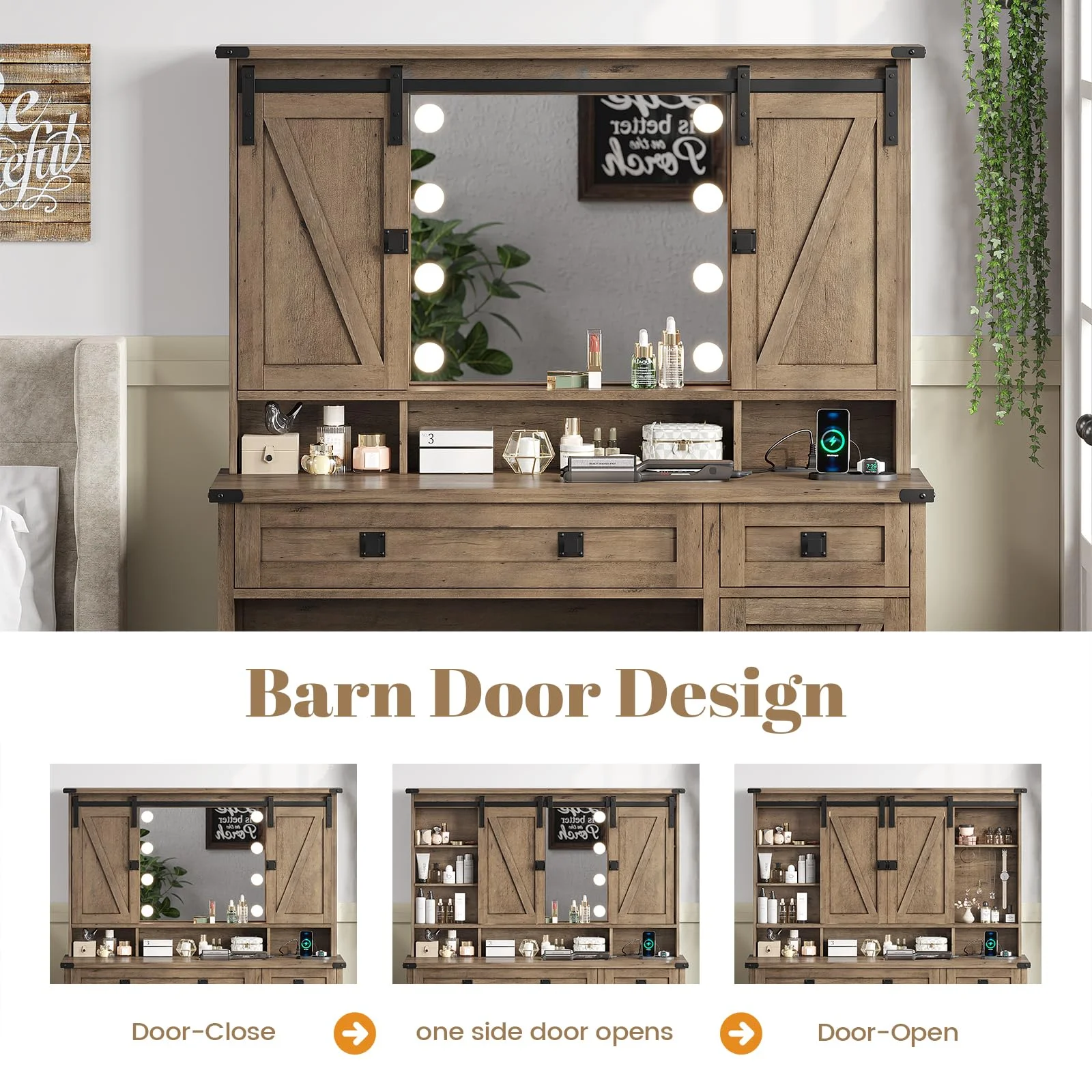 Vanity Table with Charging Station and Lights Mirror, Farmhouse Makeup Desk with Barn Doors, Brown