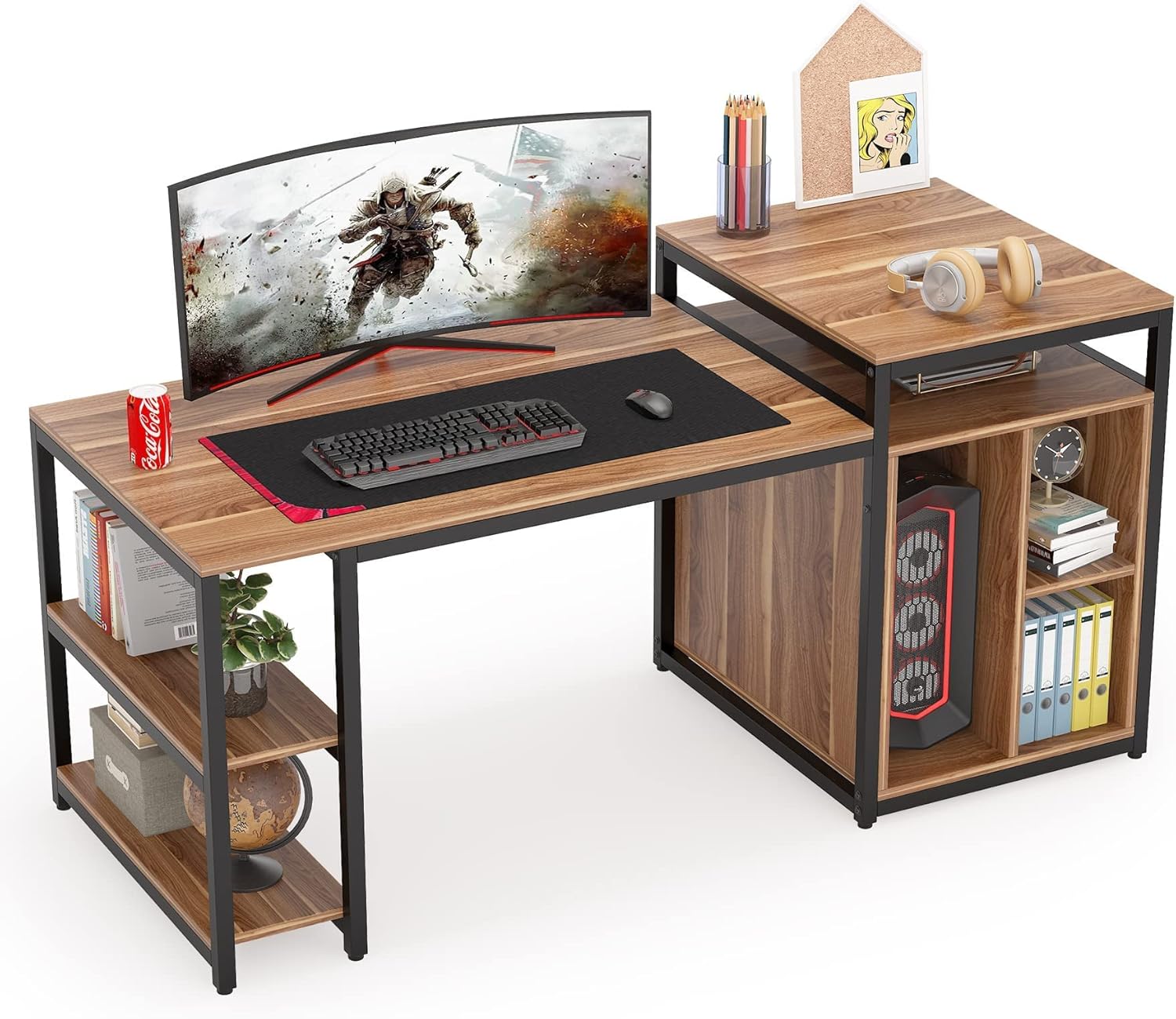Tribesigns Extra Large Computer Desk with Storage Shelf, Home Office Desk with Printer Stand & Cabinet Bookcase Combo