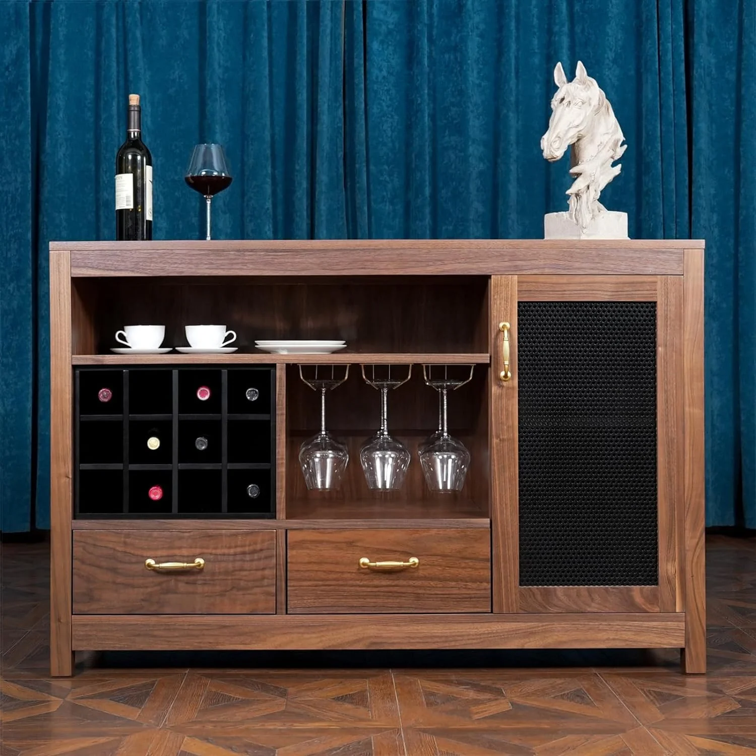 CONSDAN Bar Cabinet with Storage and Large Drawer, Solid Walnut Hardwood Structure Sideboard, Buffet Cabinet with Wine and Glass Rack