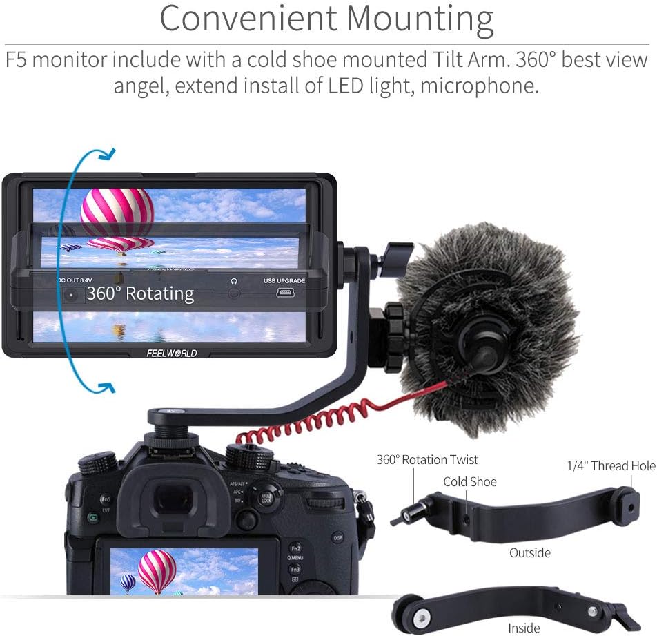 FEELWORLD F5 5 Inch DSLR On Camera Field Monitor Small Full HD 1920x1080 IPS Video Peaking Focus Assist with 4K HDMI 8.4V DC Input Output Include