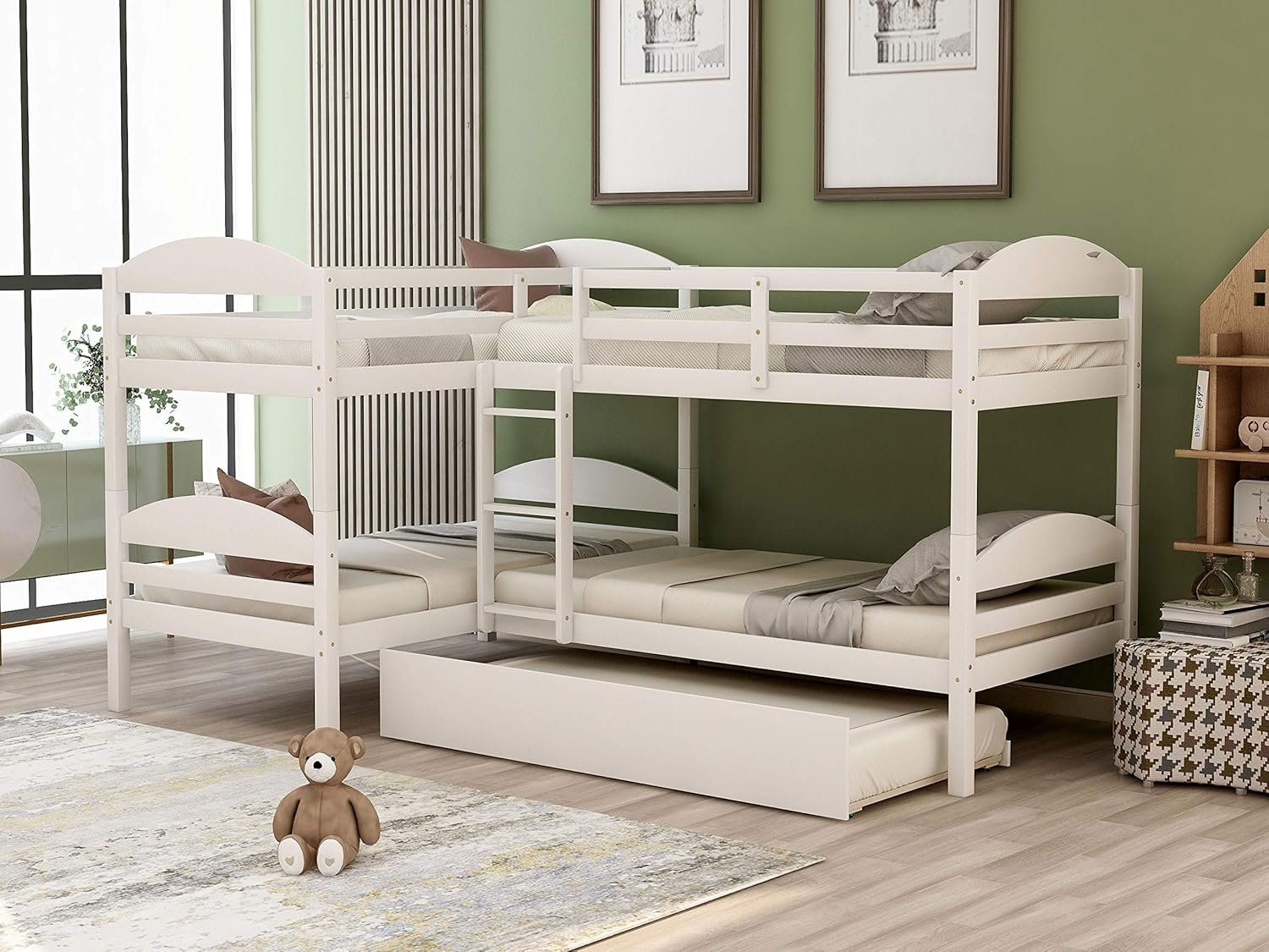Solid Wood Bunk Beds,Twin Over Twin Bunk Bed with Trundle, Twin L-Shaped Bunk Bed Frame, 5 Bed Bunk Bed Frame with Guardrails and Ladder