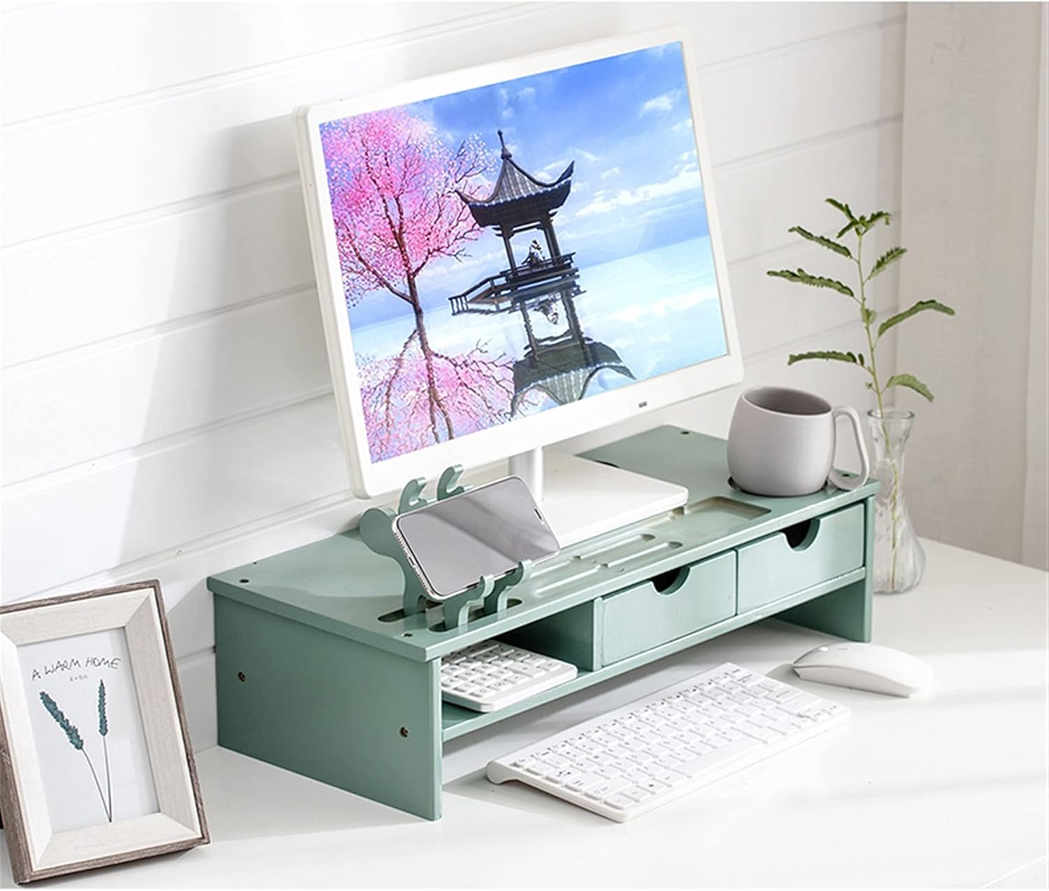 Bamboo Wood Monitor Stand Ergonomic Computer Riser 2-Tier Drawers Adjustable with Storage Organizer Drawers Desktop Laptop Shelf Risers Cellphone