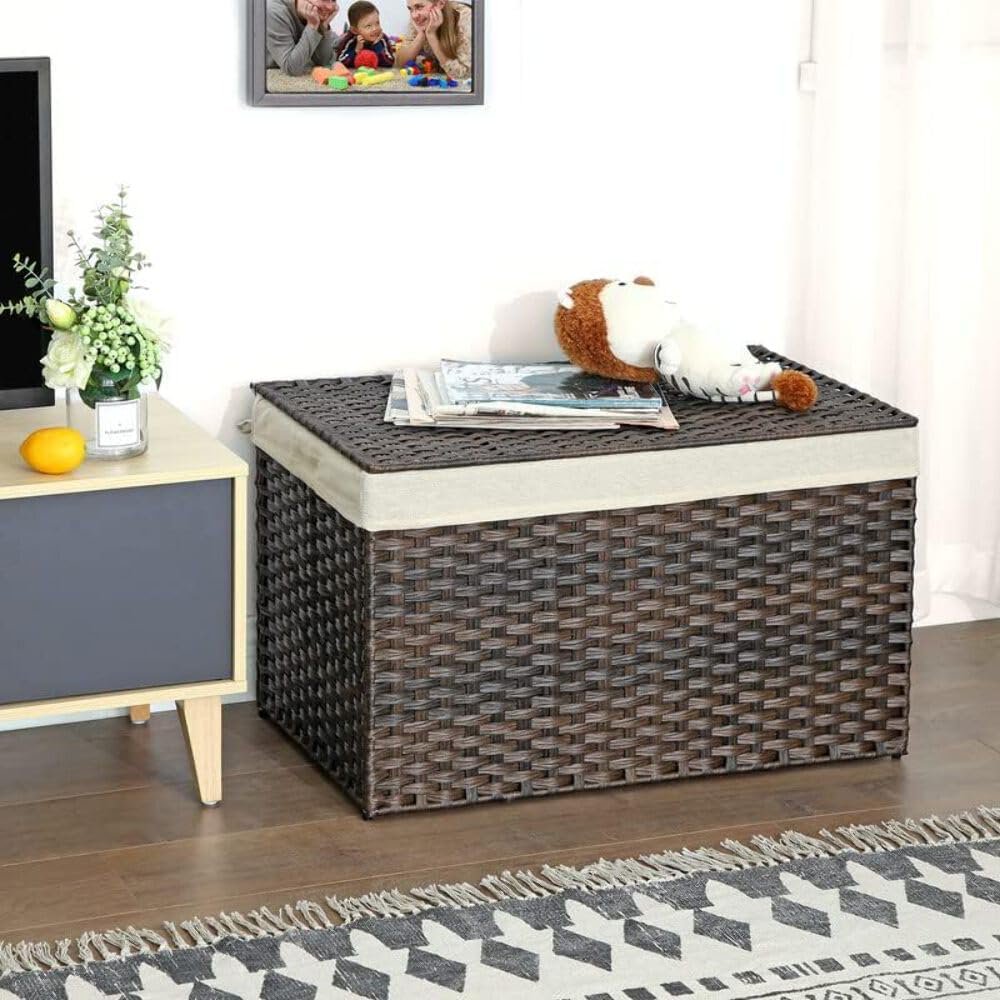 Storage Basket with Lid, 42.3 Gallon (160L) Foldable Storage Bin with Handles, Removable Liner, for Bedroom, Laundry Room, Brown