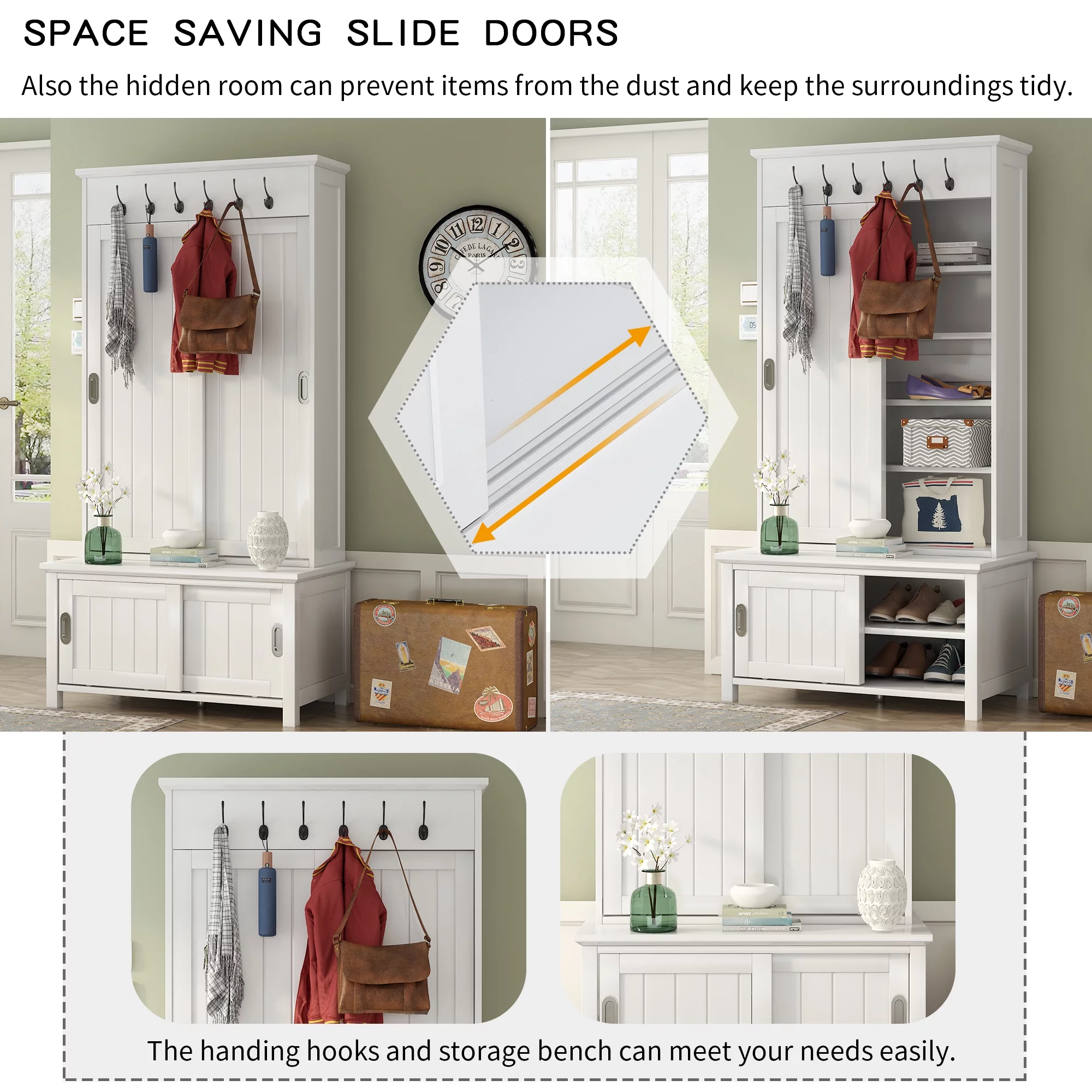CoSoTower Multifunctional Hall Tree with Sliding Doors, Wooden Hallway Shoe Cabinet with Storage Bench and Shelves
