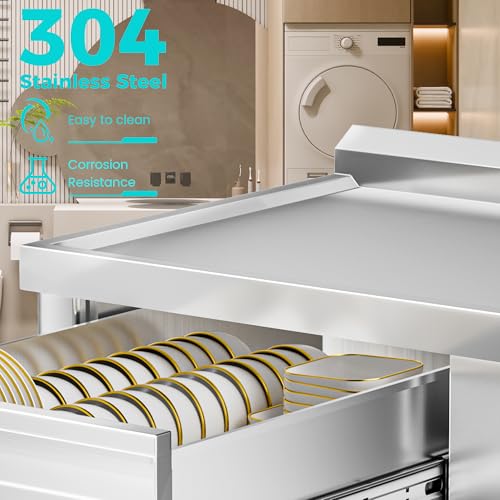 47" 304 Stainless Steel Utility Sink, Free-Standing Commercial Sink with Workbench, Drawer Storage & Hot/Cold Water Pipes for Laundry