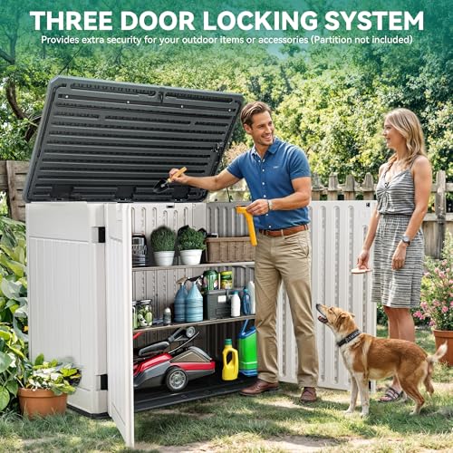YITAHOME Outdoor Horizontal Storage Sheds w/o Shelf, Weather Resistant Resin Tool Shed, Multi-Opening Door for Storage of Bike, Trash Cans
