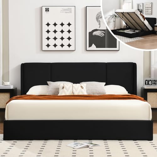 VELOCAVA Queen Size Lift Up Storage Bed with Modern Wingback Headboard, Upholstered Platform Bed with Fabric with Hydraulic Support Bars
