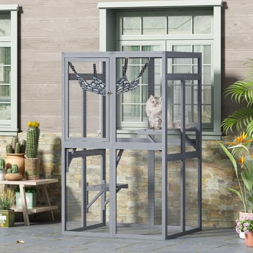 COZIWOW Catio Outdoor Cat Enclosure Window Access, Wooden Cat House Shelter, Kitty Cage with 3 Platforms for Patio Indoor (White)
