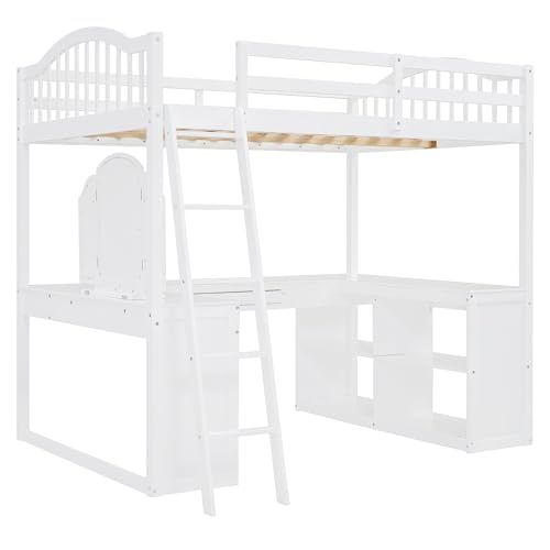 Harper & Bright Designs Full Size Loft Bed with Desk, Storage Shelves and Drawers, Solid Wood Loft Bed Frame with Built-in Wardrobe, Walnut