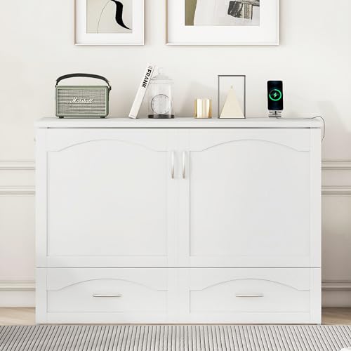 Queen Size Murphy Wall Bed with Storage, Bookcase Headboard, Solid Wood Cabinets, Shelves, Drawers and USB Ports
