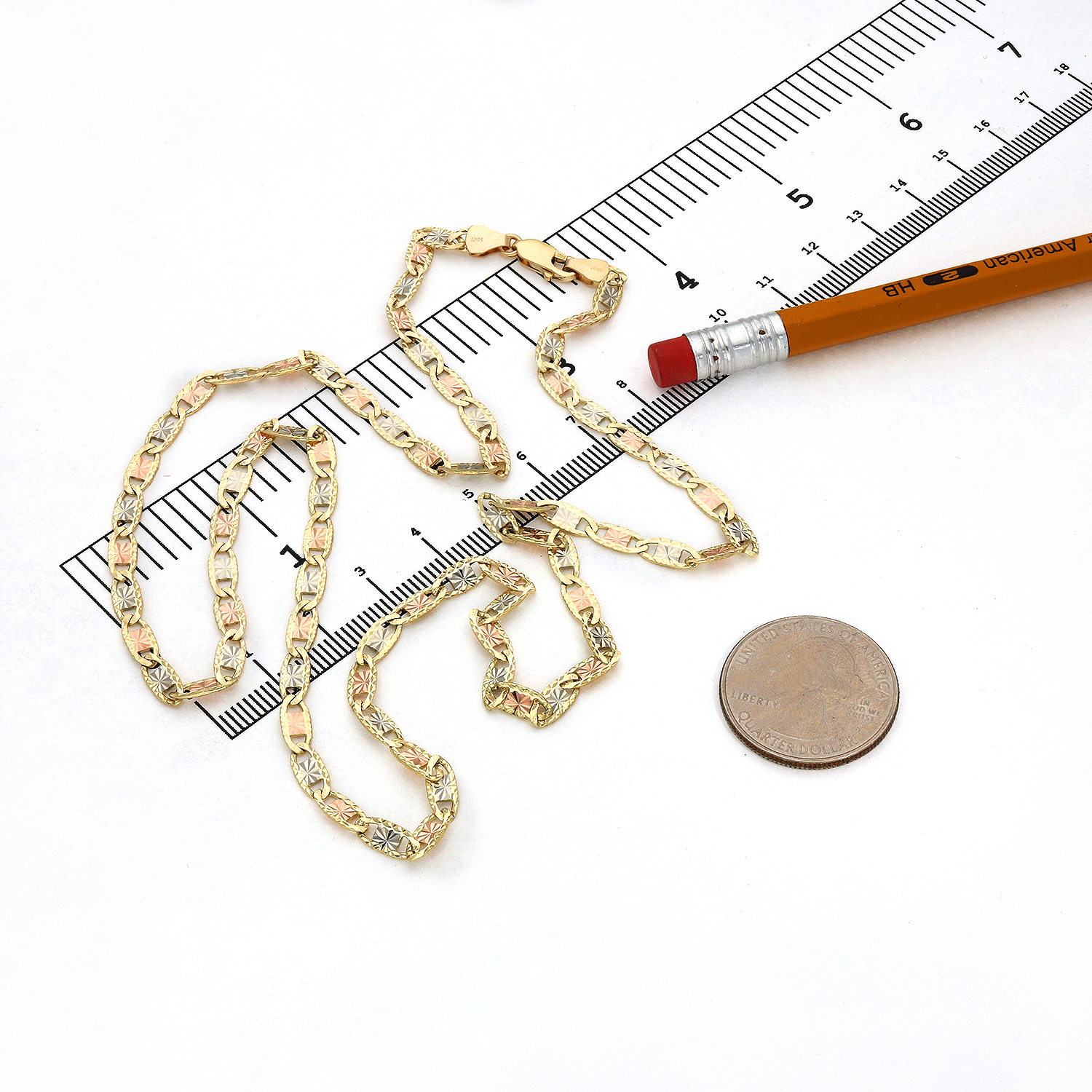 Solid 14K Gold Tri-Color 4mm Diamond-Cut Valentino Chain Necklace 18"-24"