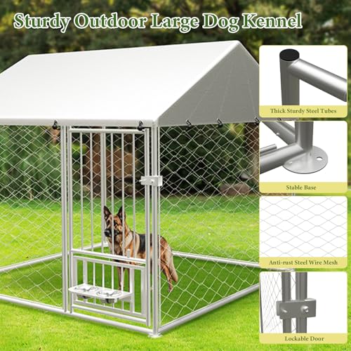 10X10FT Outdoor Large Dog Kennel, Heavy Duty Dog Cage for Large Dogs, Durable Dog House Enclosure with Roof and Rotating Feeder Bowls