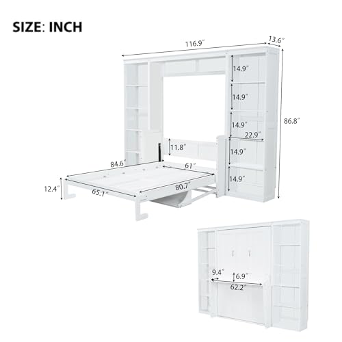 Queen Size Murphy Bed Wall Cabinet with 2 Wardrobe and Storage Shelf, Wooden Murphy Cube Wall Bed