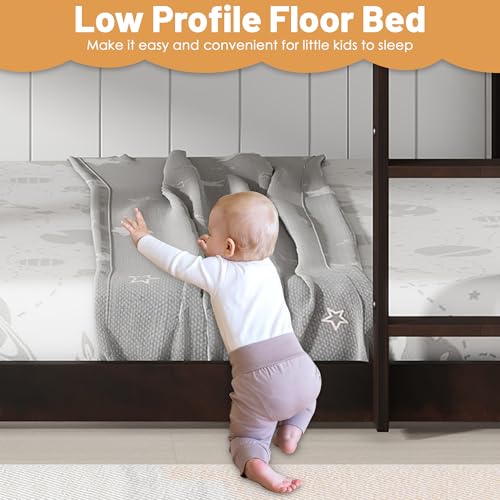 Bunk Bed Twin Over Twin, Wood Low Profile Floor Twin Bunk Beds with Ladder Guardrails for Kids Boys and Girls, No Box Spring Needed