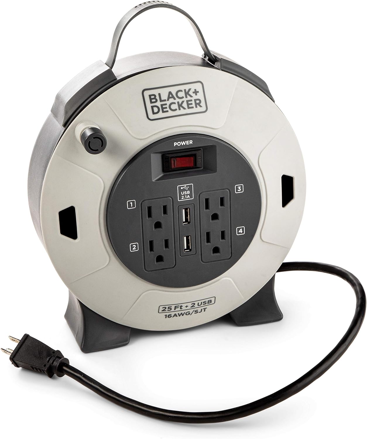 BLACK+DECKER Retractable Extension Cord, 25 ft, 4 Outlets, 2 USB Ports (2.1A), 16AWG SJT Cable - Compact Power Cord Reel with Multi-Plug Extension