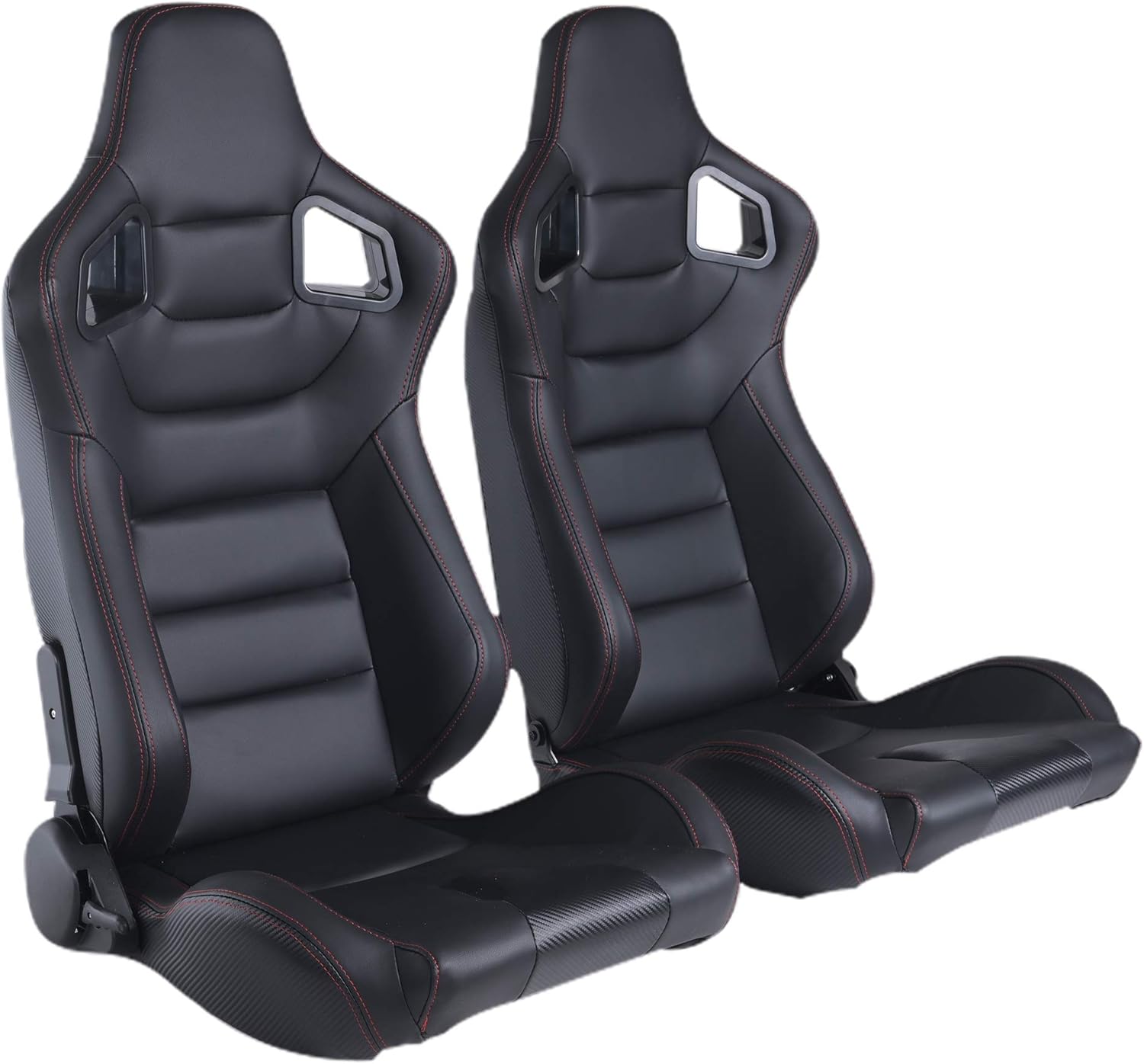 Racing Seats, Pair of PVC Leather Racing Bucket Seats with Dual Sliders, Black with Black Stitching