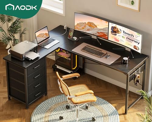 AODK L Shaped Gaming Desk with 4 Drawers, 61" Reversible Home Office Desks with Power Outlets