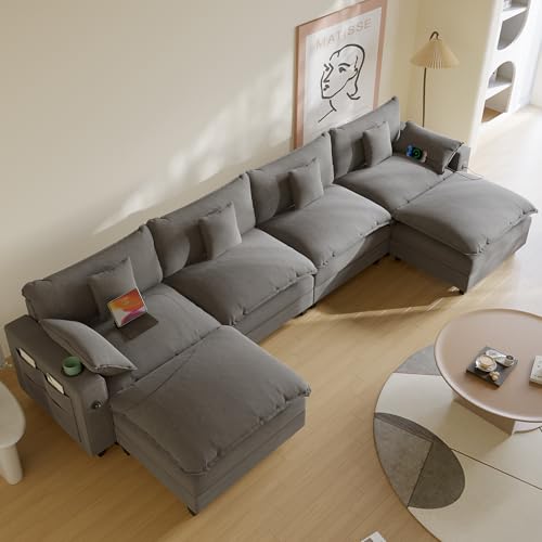 Modular Sectional Sofa, Cloud Couch with Ottoman, Charging Station, Throw Pillows, Cup Holders, Modern Convertible U Shaped Couches for Living Room