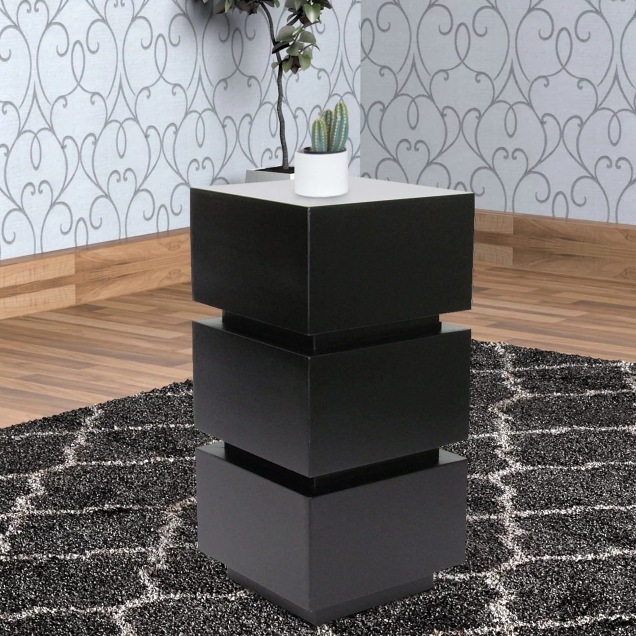 Wooden Pedestal Stand in Stacked Cube Design, Antique Black- Saltoro Sherpi
