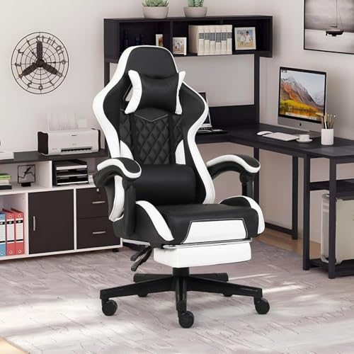 Gaming Chair, Computer Office Chair with Footrest, Linkage Armrests and Lumbar Support, High Back Ergonomic Gamer Chairs for Adults, Blue Fabric