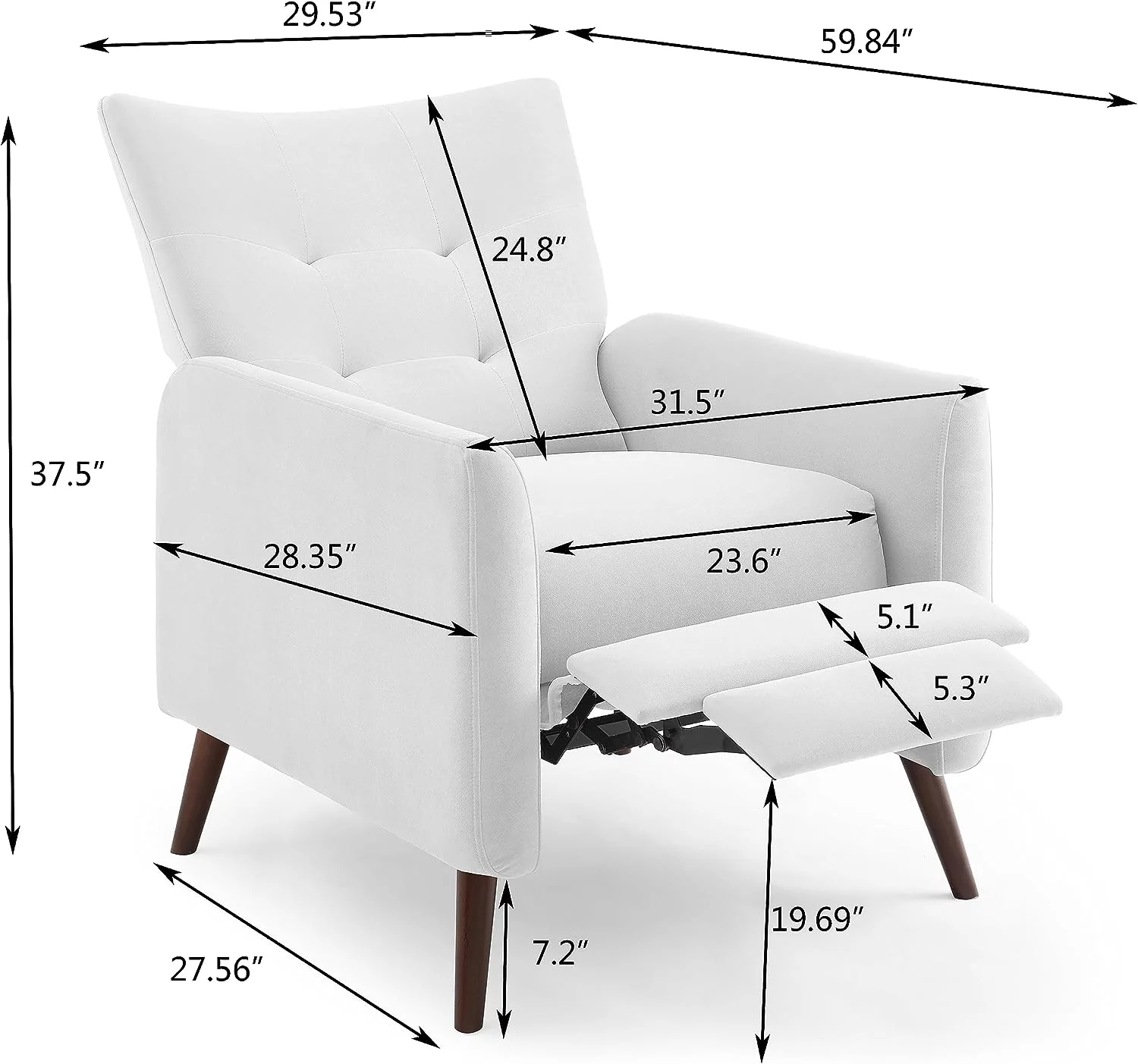 High Quality Upholstery Velvet Reclining Chair  Push Back Reclining Sofa Chair with Solid Wood Legs