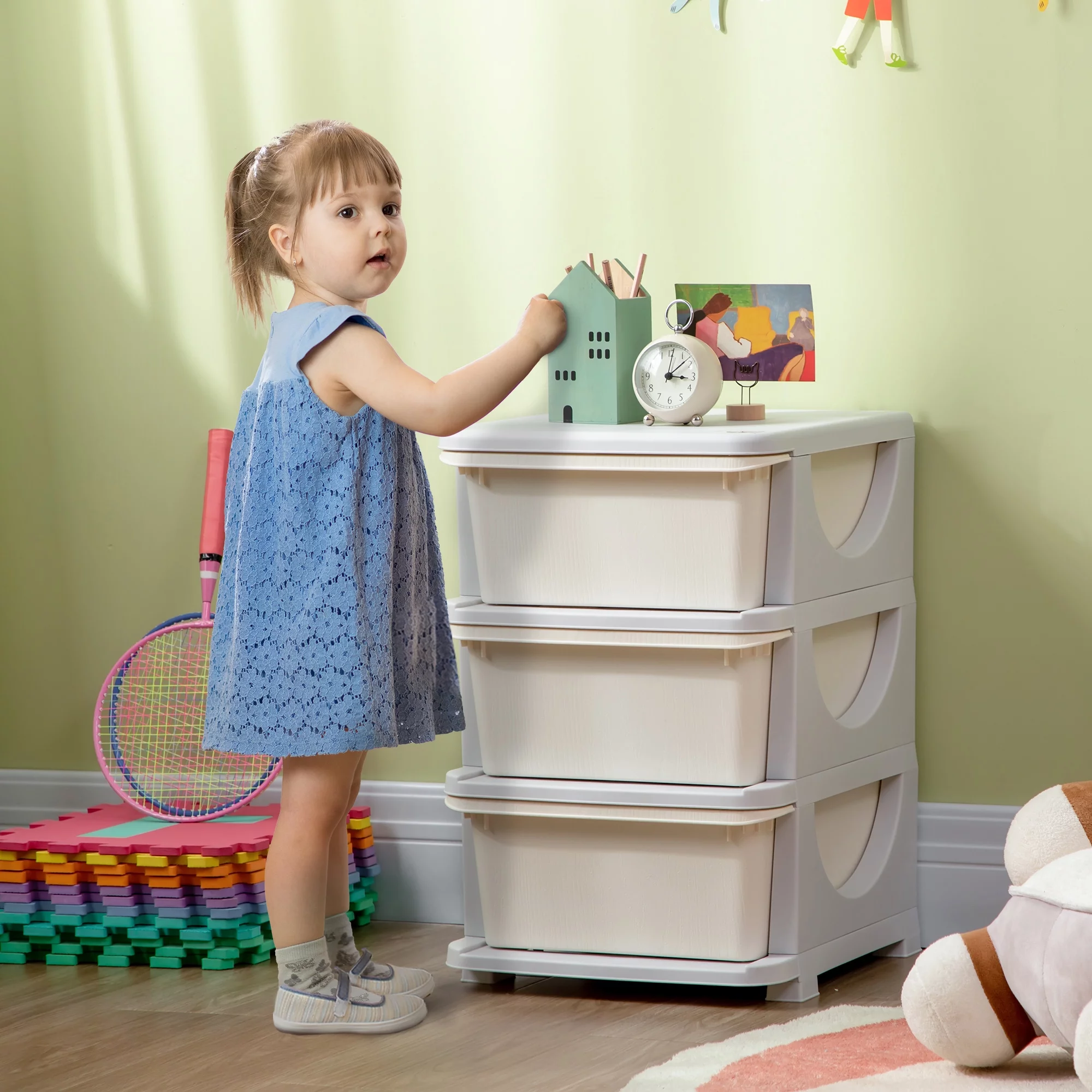 Qaba 22.25 3 Tier Kids Storage Unit Dresser Tower, Blue