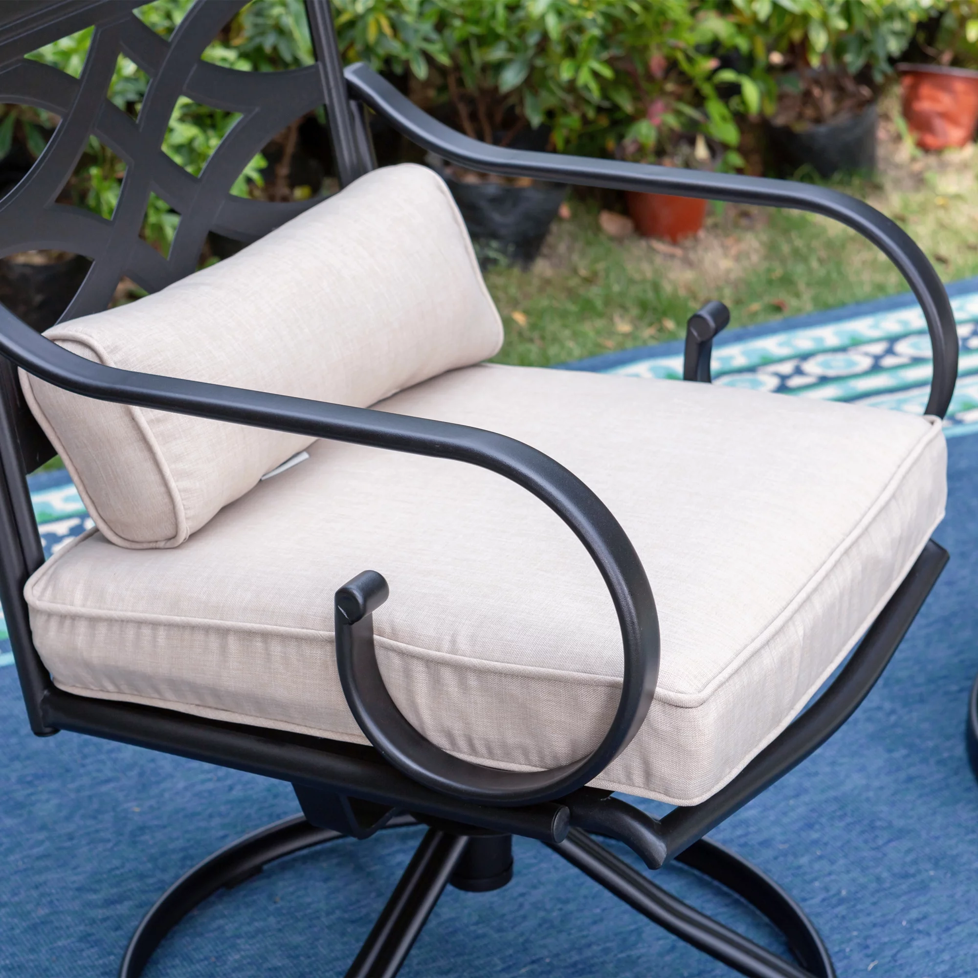 Summit Living 7-Piece Outdoor Dining Set with Swivel Cushioned Chairs for 6-Person, Umbrella Support, Black & Beige