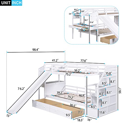 Full-Over-Full Castle Style Bunk Bed with 2 Drawers and 3 Shelves, Wood Bunk Bed Frame with Slide and Storage Staircase for Kids Teens Boys Girls