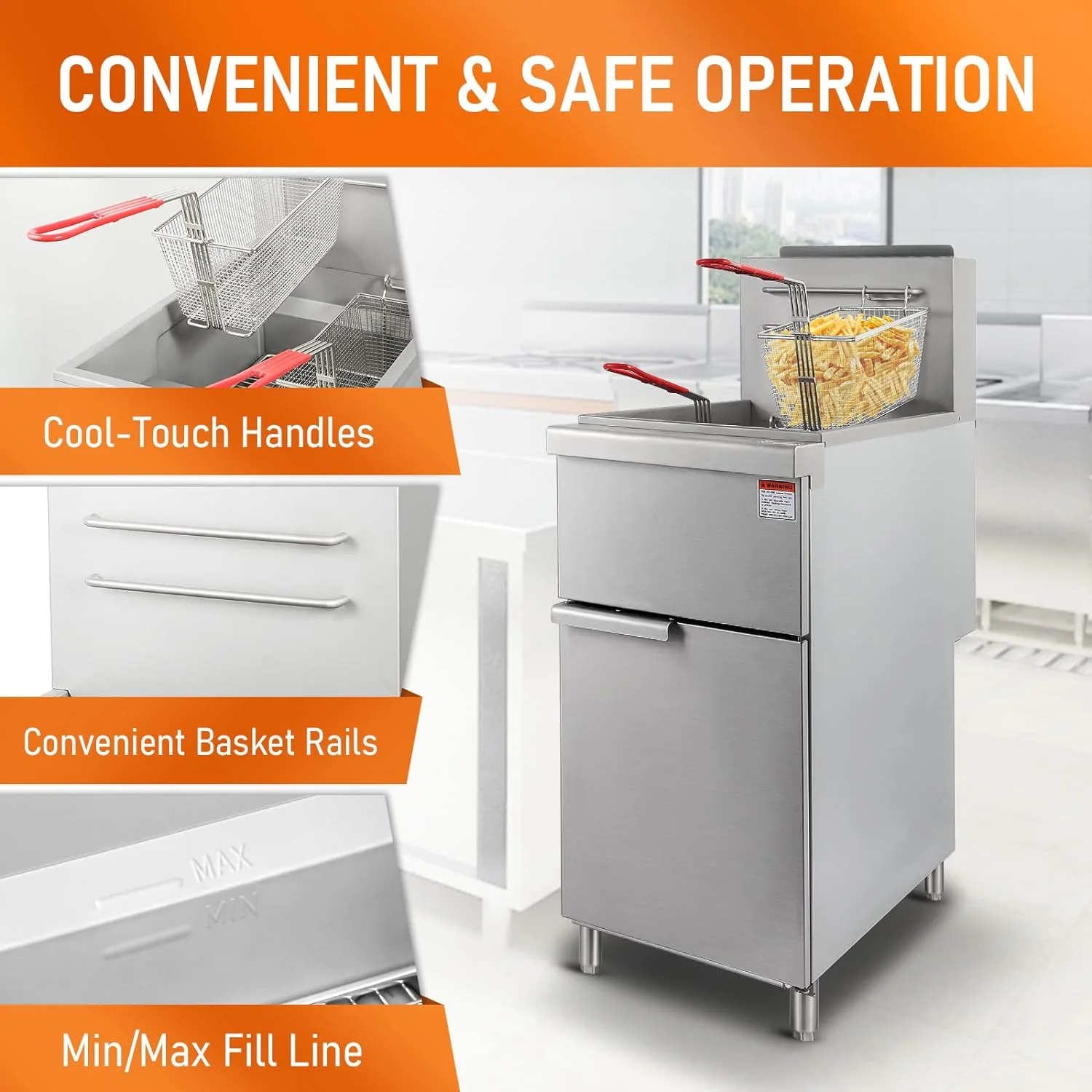 HOCCOT Commercial Deep Fryer with 3 Tube Burners, Stainless Steel Gas Floor Fryer in 90,000 BTU