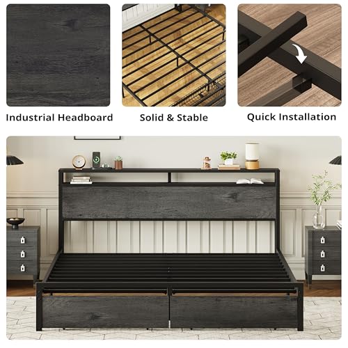 LIKIMIO King Bed Frame with Storage Headboard, Platform Bed with Drawers and Charging Station, No Box Spring Needed, Easy Assembly, Vintage Brown
