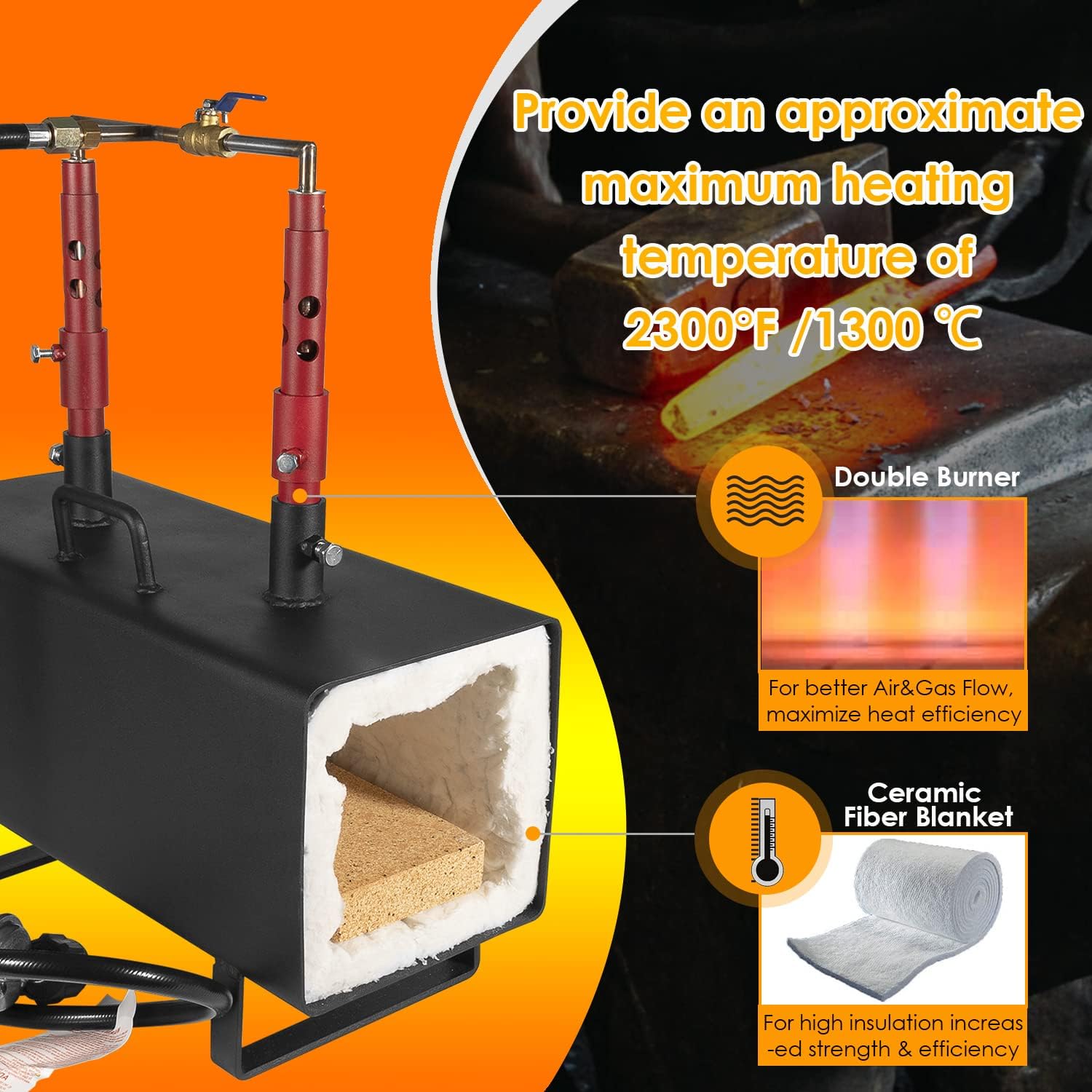 Yoursme Propane Gas Forge Portable, Double Burner Blacksmithing Forge Large Capacity Forge, Square Propane Burner Forge for Farrier