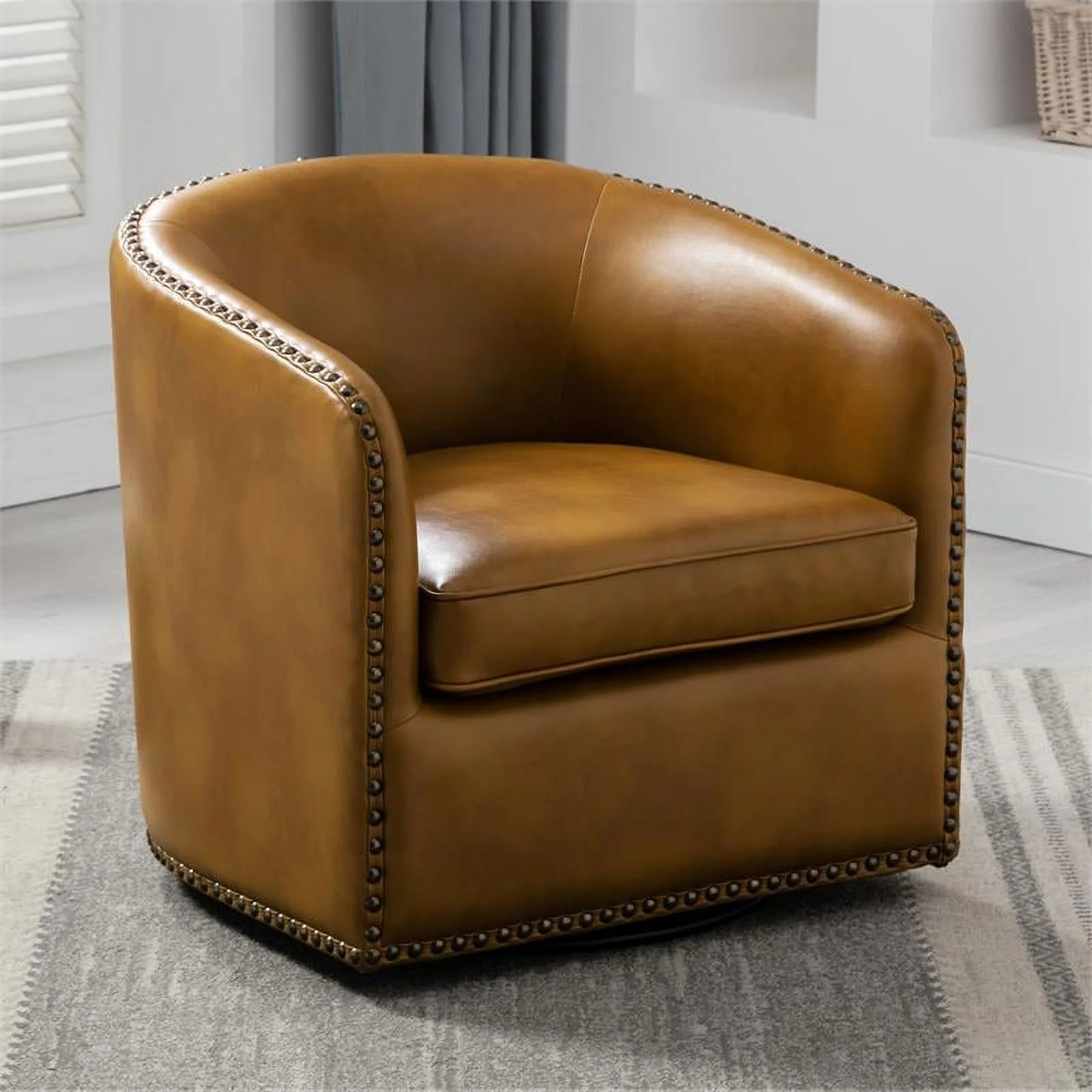 Pemberly Row Camel Brown Faux Leather Swivel Arm Chair with Nailhead Trim