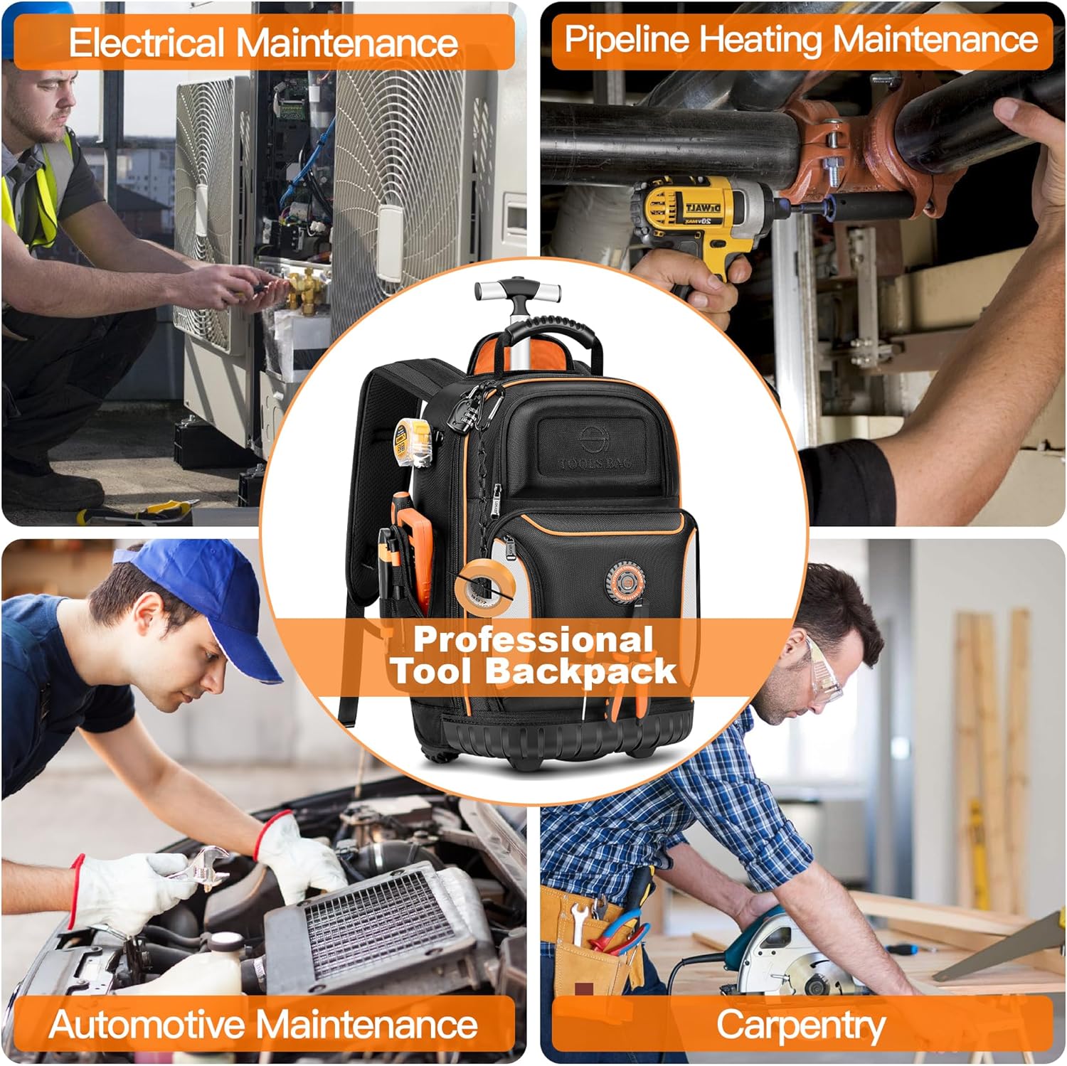 Backpack Tool Bag with Wheel, Rolling Tool Backpack for Electrician Heavy Duty Roller Tool Bag on Wheel for Construction Work