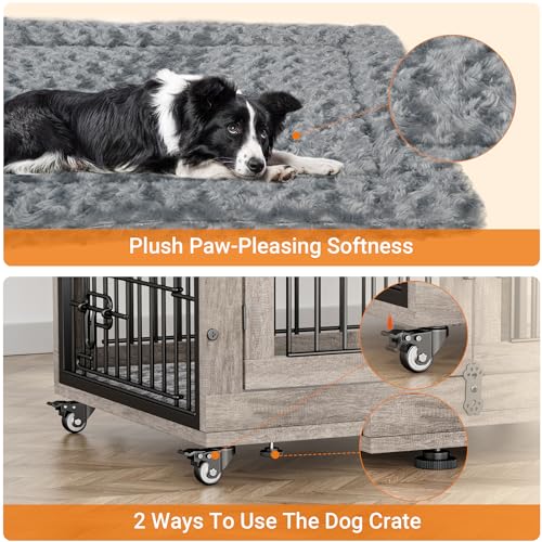 Lulive Dog Crate Furniture for Medium Dogs, 32'' Dog Kennel Indoor with Cushion & Wheels Wooden Dog Cage Double Doors Dog Crate End Table, Grey