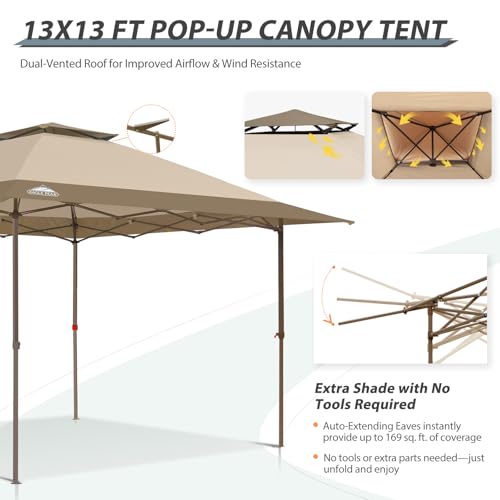 EAGLE PEAK 13x13 Straight Leg Pop Up Canopy Tent Instant Outdoor Canopy Easy Single Person Set up Folding Shelter w/Auto Extending Eaves 169 Square