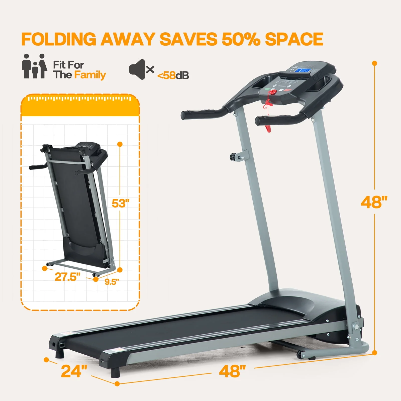 Aukfa Folding Treadmill for Home, Running Exercise Machine Treadmill, 220lbs Capacity 7.5MPH, Silver