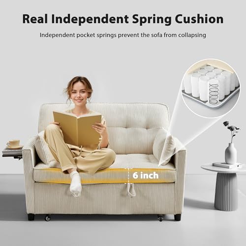 Sleeper Sofa Bed, 52‘’ Convertible Pull Out Couch with Small Table| USB Port | Side Pockets | Corduroy Fabric | Adjustable Backrest for Apartment