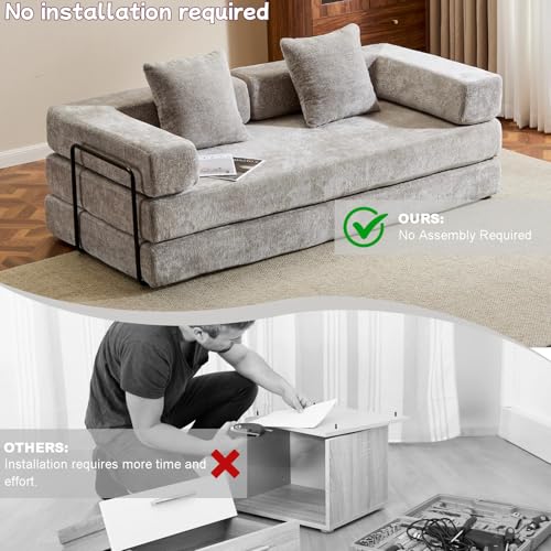 Convertible Floor Sofa Bed, Foldable Mattress Cloud Couch with Pillow Back & Armrest, Chenille Sleeper Sofa Bed with Fixed-Shape Frame