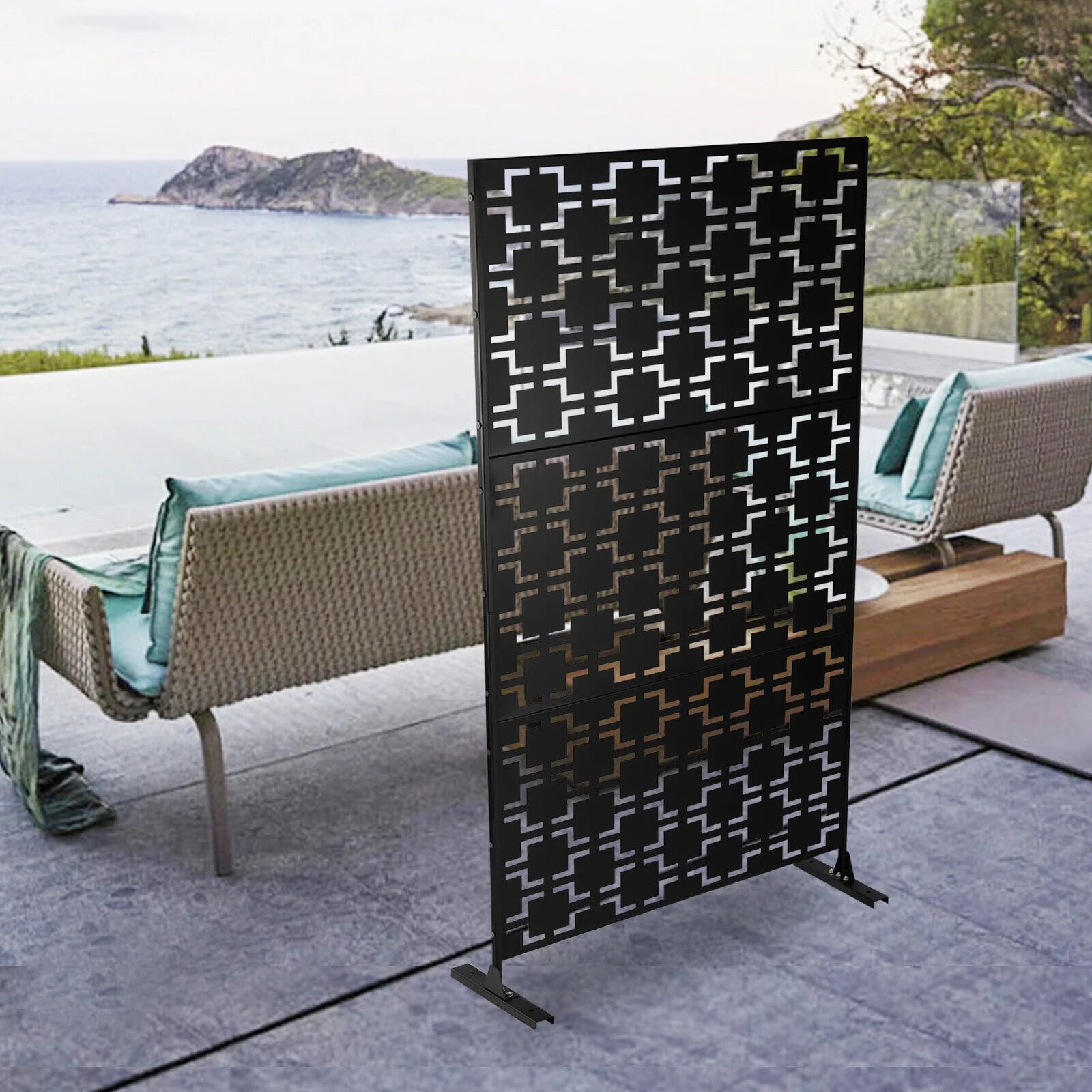ZhdnBhnos Outdoor Decorative Privacy Screen Panel with Stand, Freestanding Planter Wall Metal Yard Fence Panels Black