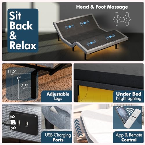 Adjustable Bed Base with Massage, Queen Adjustable Bed Frame (SF - Elite), Wireless Remote, USB Ports, Under-Bed Light, 5 Minutes Assembly