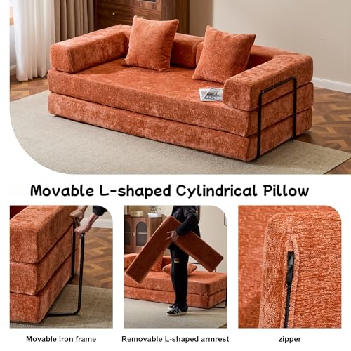 Convertible Floor Sofa Bed, Foldable Mattress Cloud Couch with Pillow Back & Armrest, Chenille Sleeper Sofa Bed with Fixed-Shape Frame