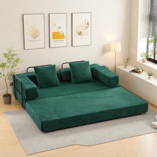Compression Floor Sofa Bed, Convertible Foldable Sofa with Support Backrest and Armrest, Corduroy Fabric Modular Sectional Couch with 2 Pillows