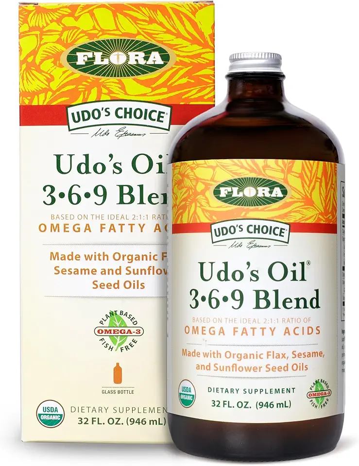 Flora Health UDO’s Oil Omega 3-6-9 32 Oz Supplement | Organic | Plant Based | Vegan Fish Oil Alternative | Blend of Flaxseed, Coconut