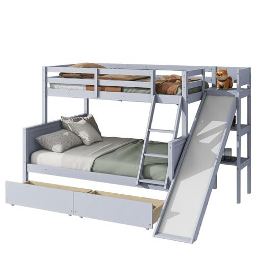 Bunk Beds Twin Over Full Size, Pine Solid Wooden Bunk Bed with Slide, Storage Staircase, Safety Guardrails for Kids, White