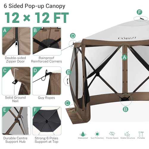 COBIZI 12x12ft Pop up Gazebo Screen Tent Screen House for Camping, Camping Outdoor Screened Gazebo, Canopy Tent