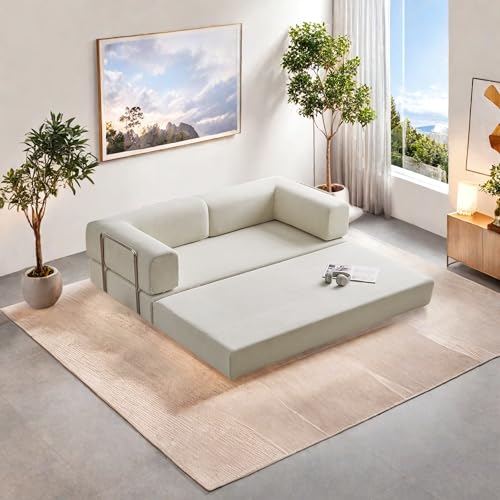 Convertible Floor Sofa Bed, Foldable Mattress Cloud Couch with Pillow Back & Armrest, Chenille Sleeper Sofa Bed with Fixed-Shape Frame