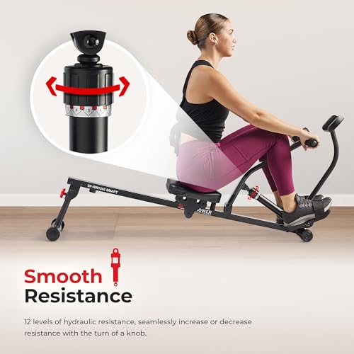 Sunny Health & Fitness Compact Adjustable Rowing Machine with 12 Levels of Resistance for Complete Body Workouts and Optional Free SunnyFit App