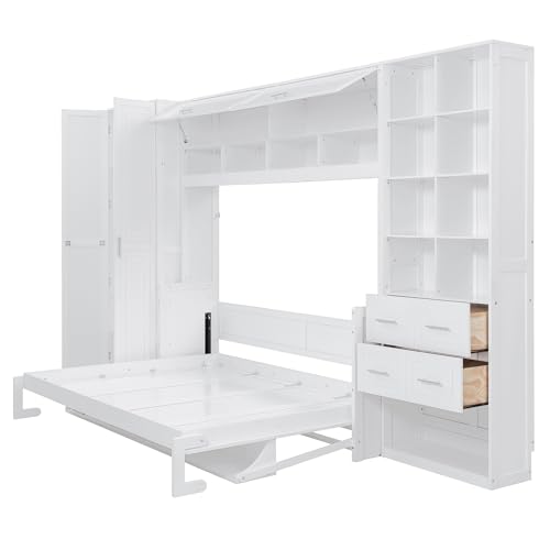 SOFTSEA Queen Size Murphy Bed with Desk, Horizontal Murphy Bed with Storage Wardrobe Drawers and Shelves, Hidden Wall Bedframe for Guest Room